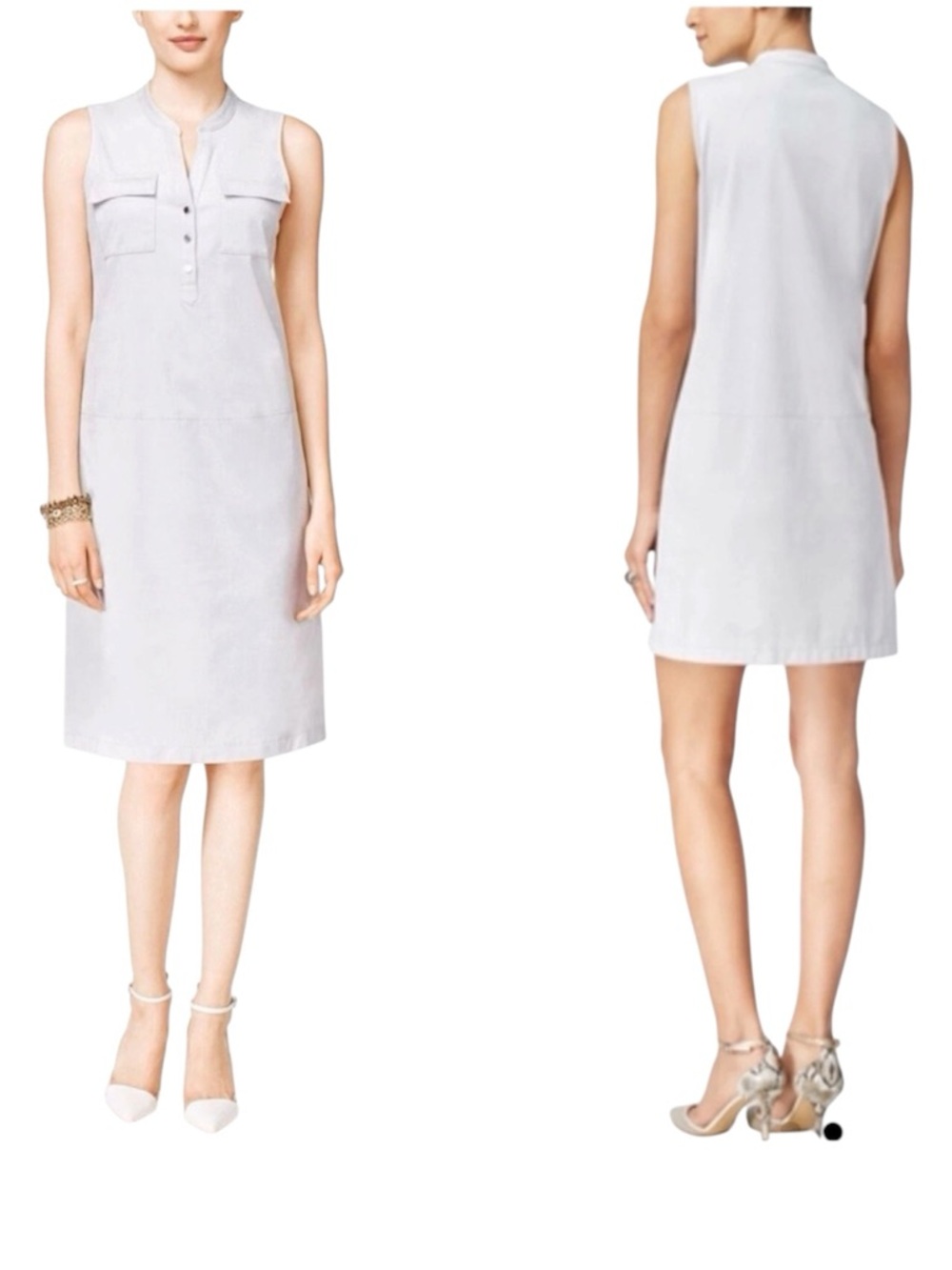 Alfani Faux Suede Sleeveless Shift Dress Light Grey Sz 12P Henley Neck